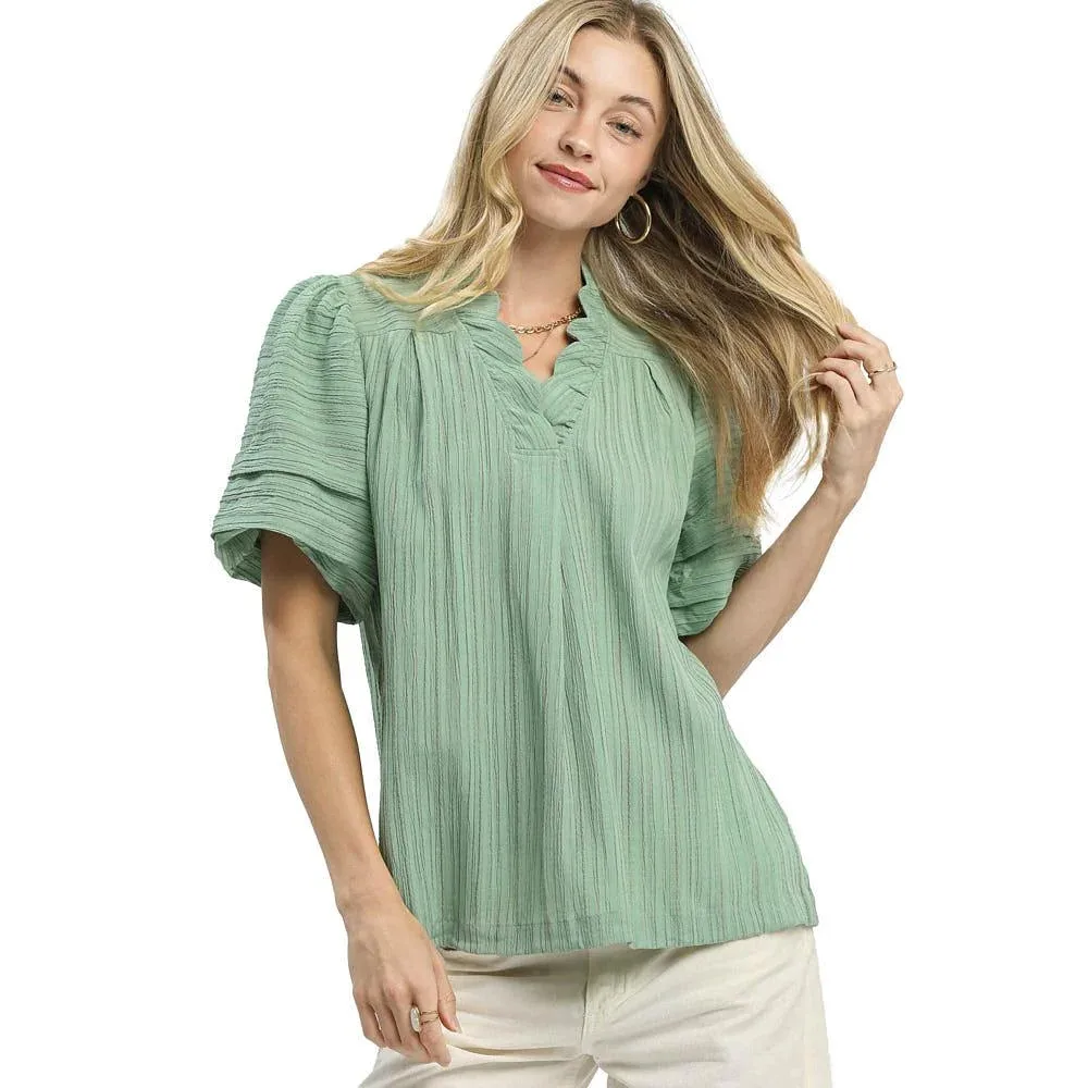 Umgee Usa Inc. Women's Mint Seersucker V-Neck Top