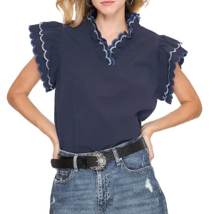 Umgee Usa Inc. Women's Navy Scallop Trim Ruffle Top