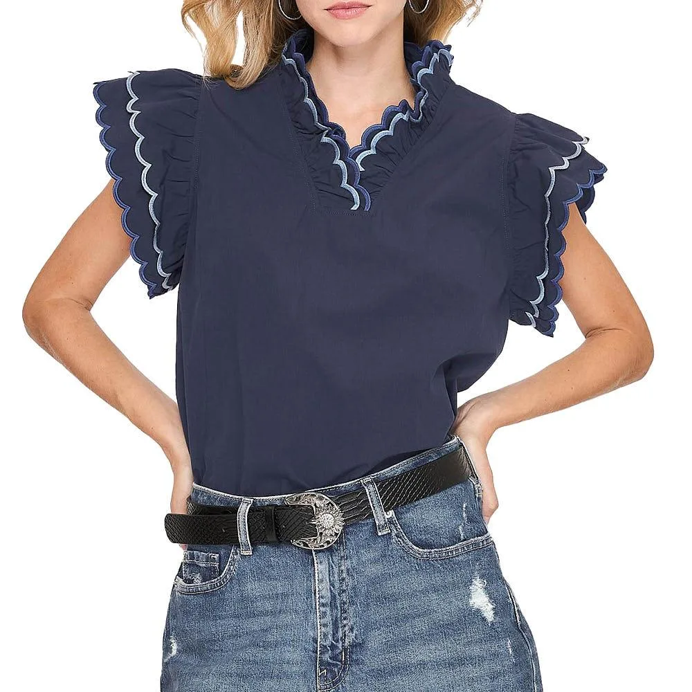 Umgee Usa Inc. Women's Navy Scallop Trim Ruffle Top