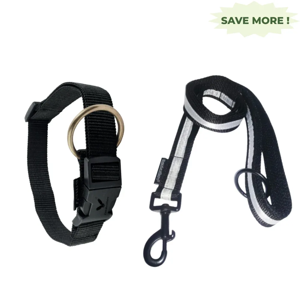 Vama Leathers Soft Durable Nylon Collar and Reflective Soft Handle All Leather Leash for Dogs Combo (Black)