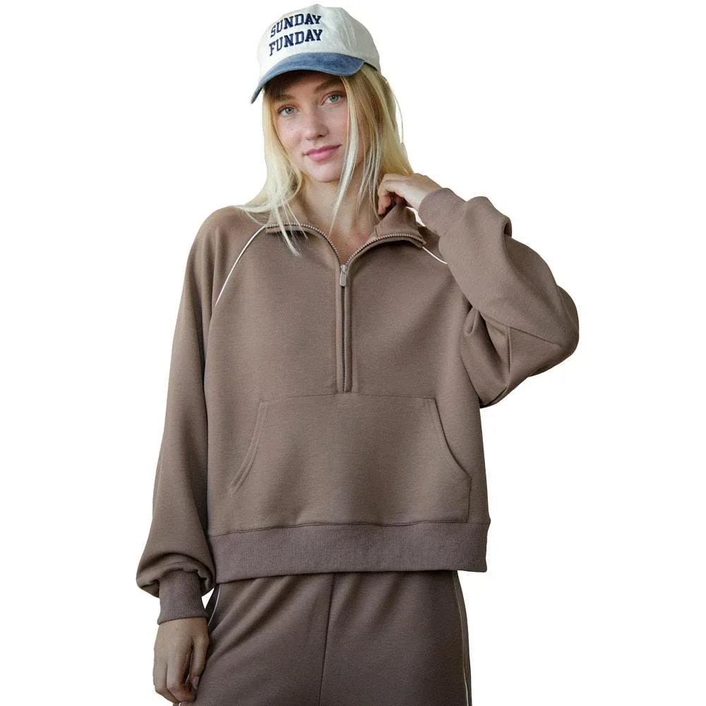 Very J Women's Mocha Half Zip Casual Top