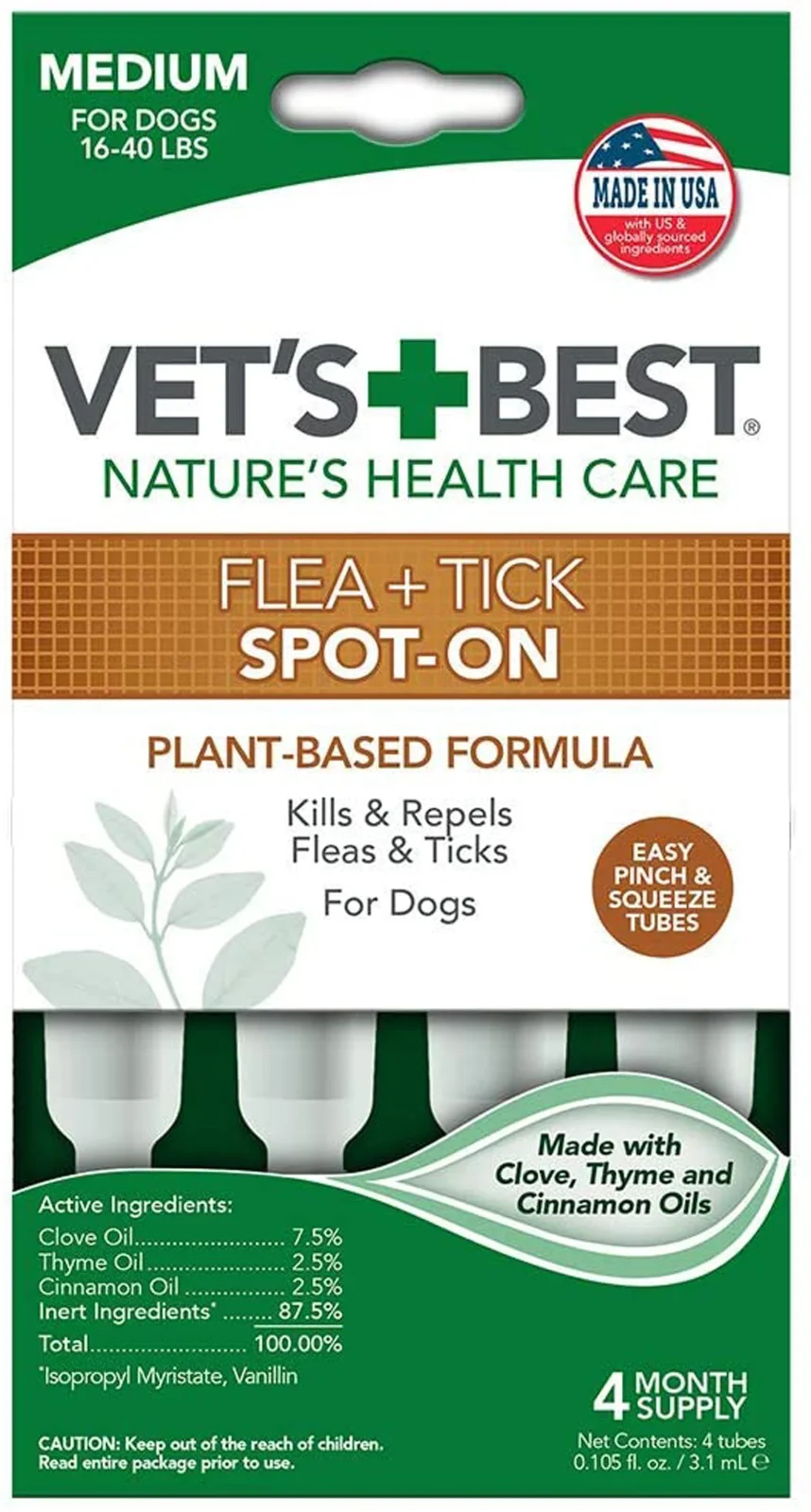 Vet's Best Flea & Tick Spot-On Plant Based Formula Medium Dog 16-40lb 4ct