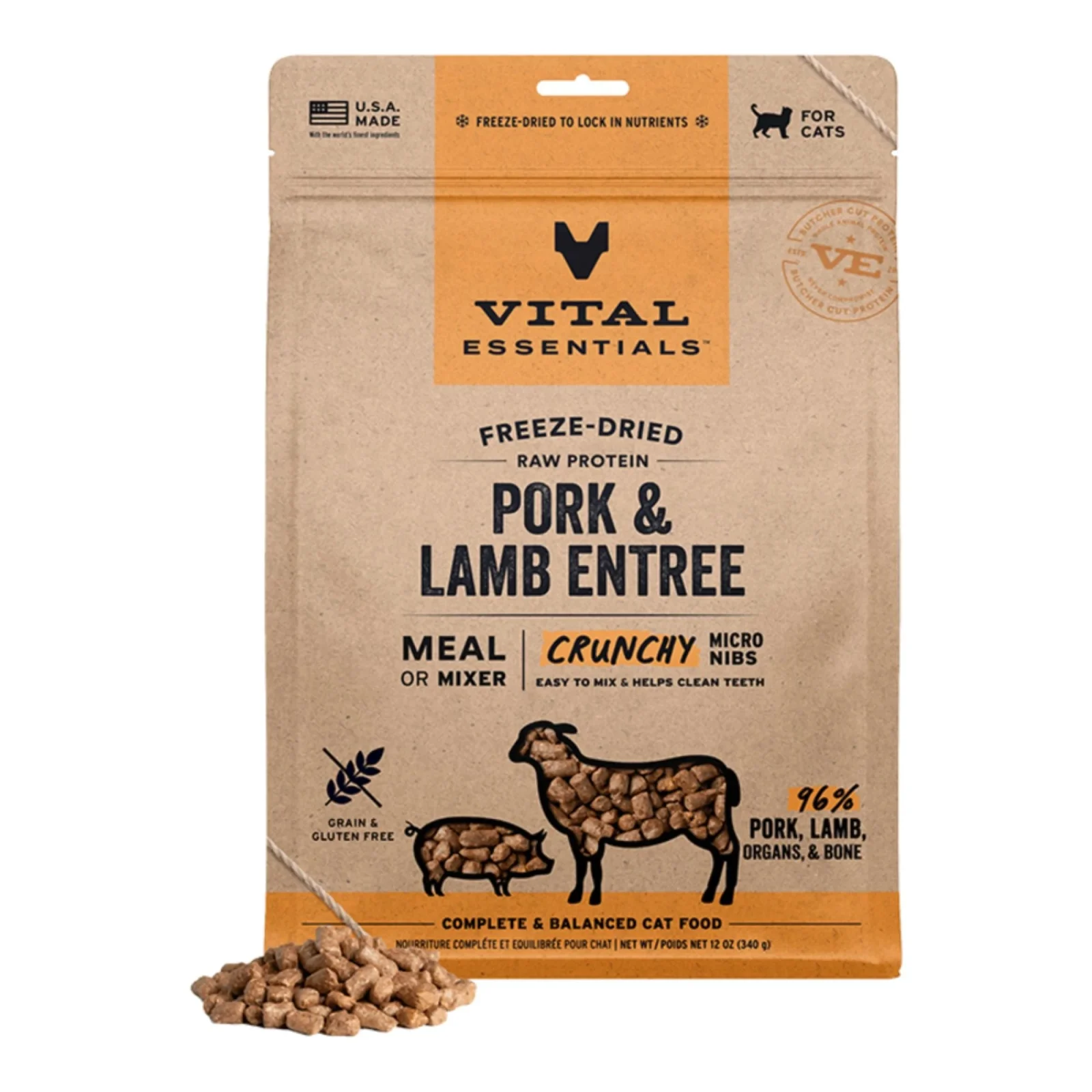 Vital Essentials Cat Freeze Dried Raw Micro Nibs Pork & Lamb Entree, 12oz