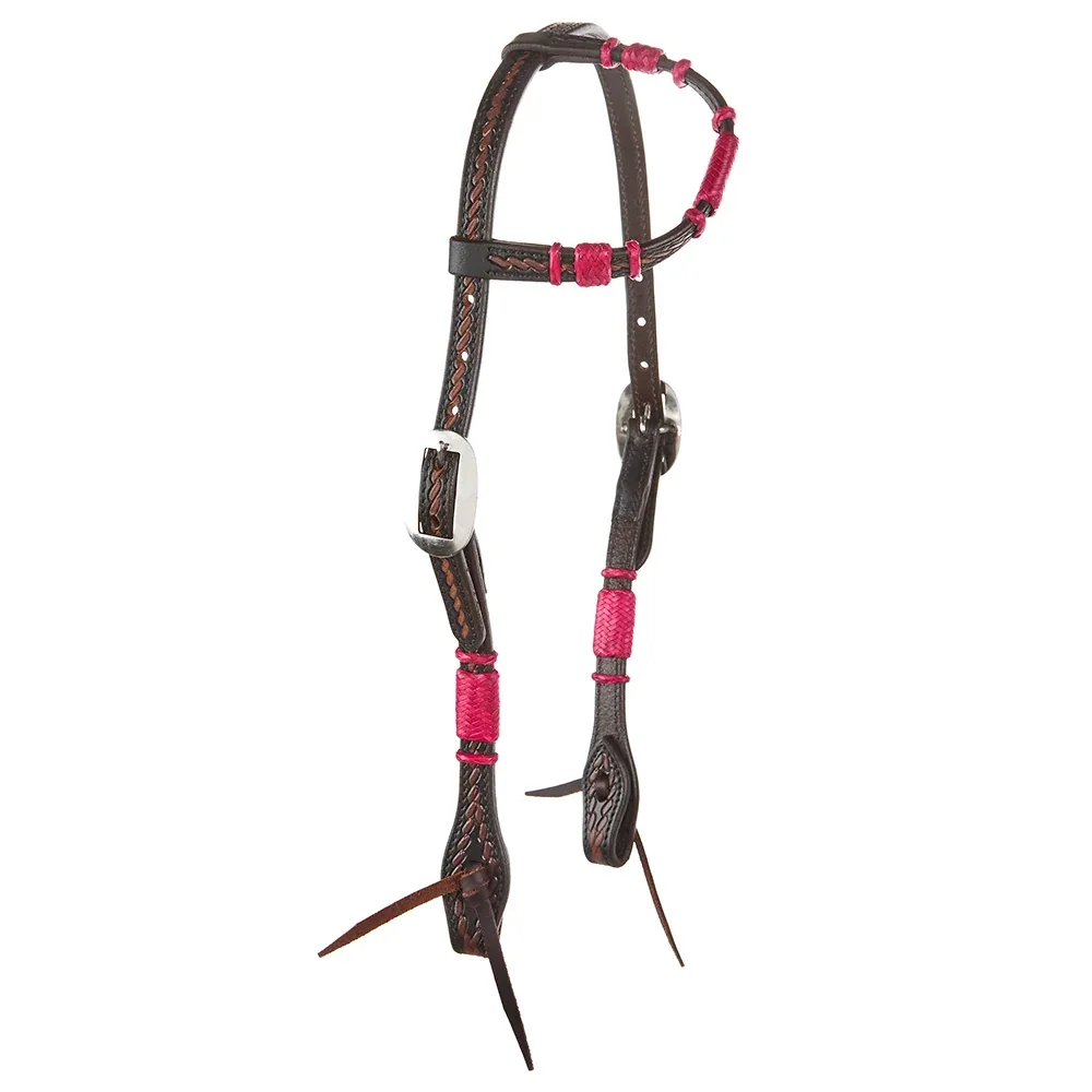 WD Tack Hot Pink Rawhide Rope Tooled Single Ear Headstall - Image 2