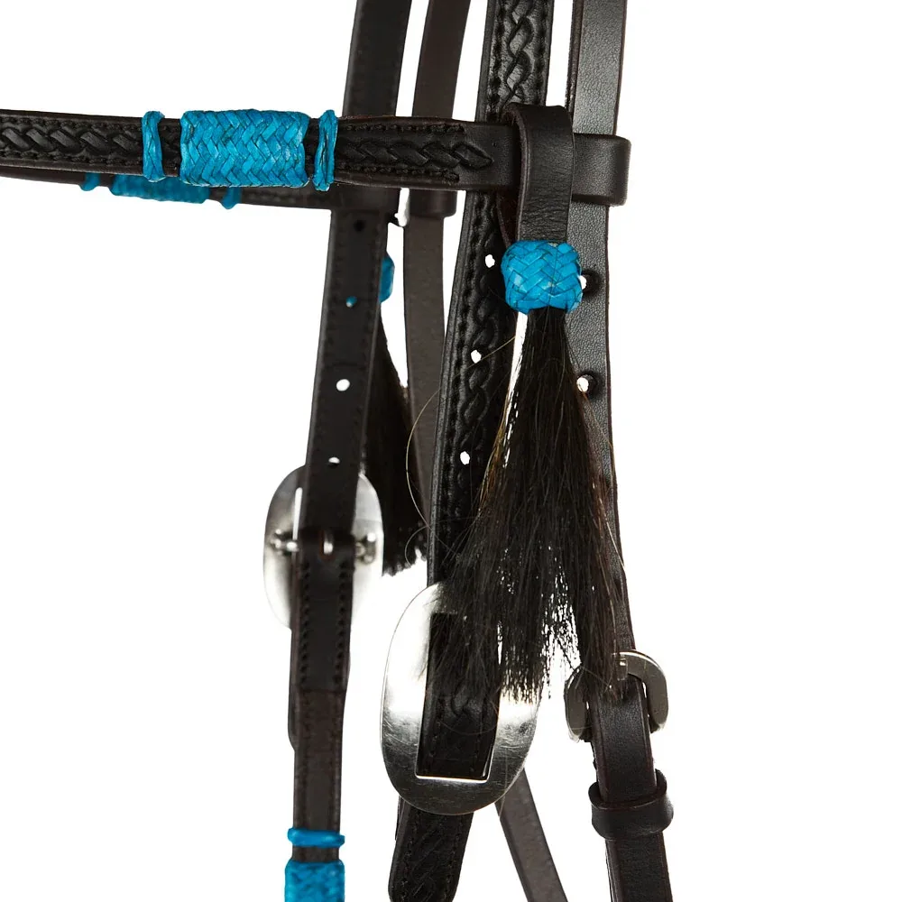 WD Tack Turquoise Rawhide Rope Tooled Browband Headstall - Image 2