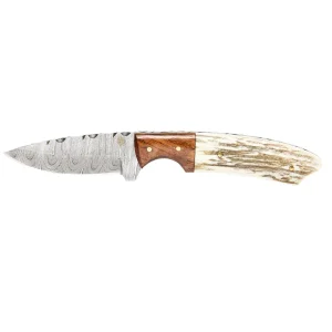 Western Fashion Circle SH Cutlery Damascus Wood & Bone Drop Point Knife with Sheath