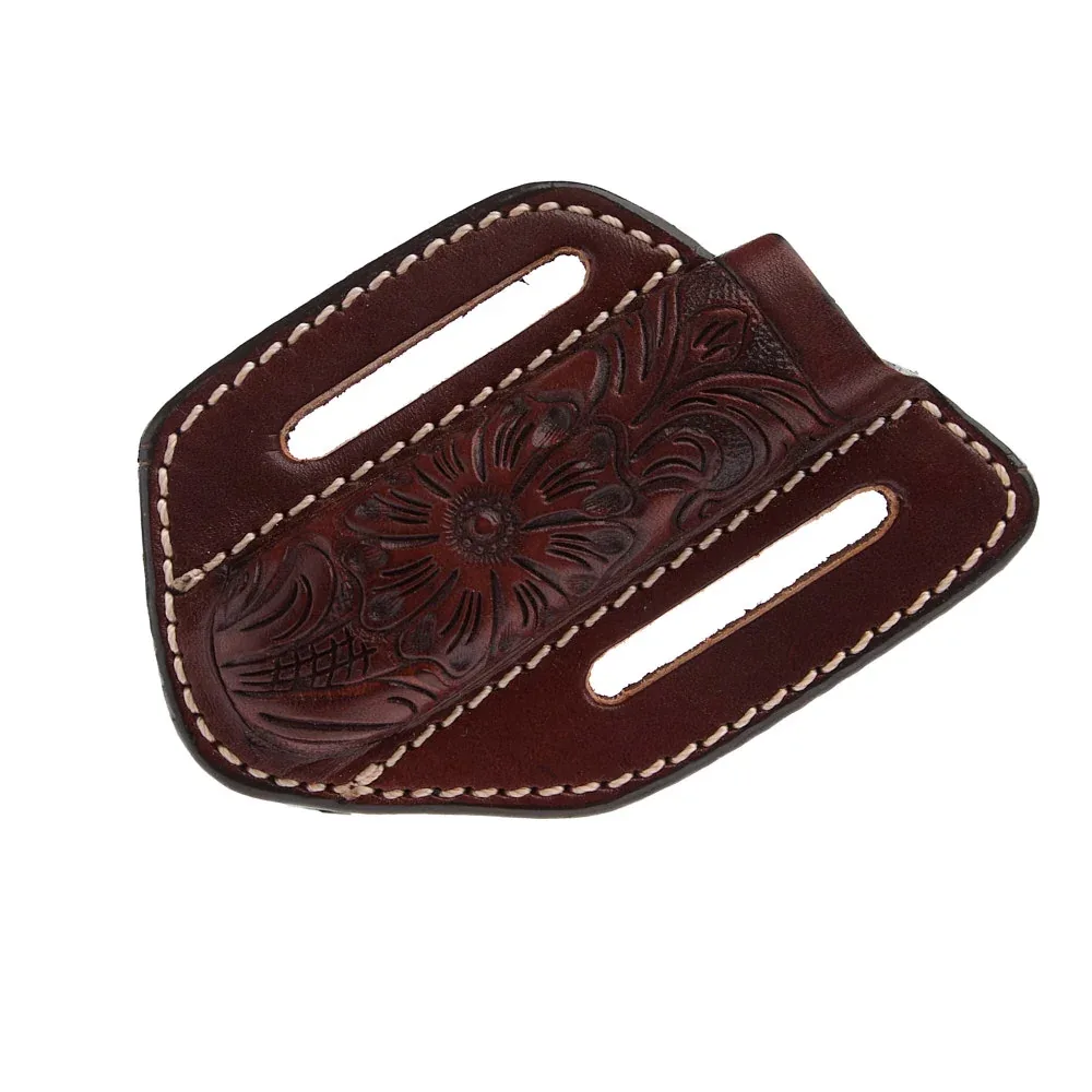 Western Fashion Circle SH Cutlery Trapper Knife Sheath Dark Brown Flower Stamp