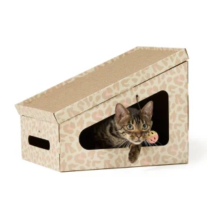 Whisker City® Cheetah Print Angled Hut Cat Scratcher, Dangle Toy Included, 14" L X 17.5" W X 14" H