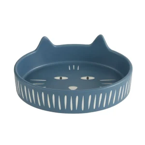 Whisker City® Navy Ceramic Cat Ears Saucer Cat Bowl, Non Skid Bottom, 5.4 FL OZ, (5.4" x 4" x 2")