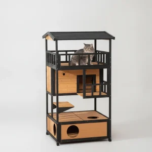 Wooden Outdoor Cat House, Feral Cat Shelter Kitten Condo with Asphalt Roof, Escape Doors, Condo, Jumping