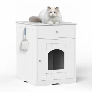 Wooden Pet House Cat Litter Box Enclosure With Drawer, Side Table, Indoor Pet Crate, Cat Home Nightstand White