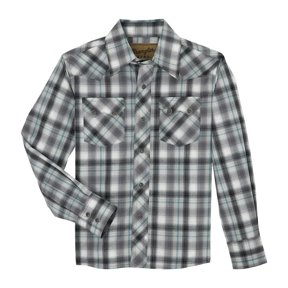 Wrangler Boys Grey Black Plaid Retro Shirt