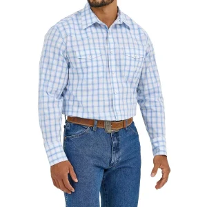 Wrangler Mens Blue Plaid Wrinkle Resist Shirt