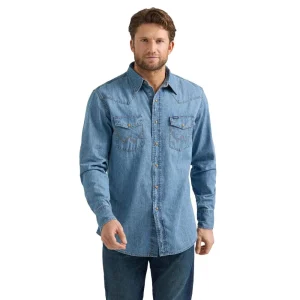 Wrangler Mens Light Wash Denim Long Sleeve Shirt