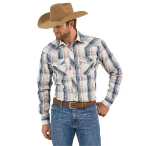 Wrangler Wranger Mens 20X Comfort White/Blue Plaid Long Sleeve Pearl Snap Shirt