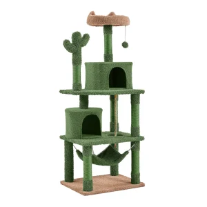 Yaheetech 62.5-in Cactus Cat Tree with 2 Condos, Perch and Hammock, Green/Brown