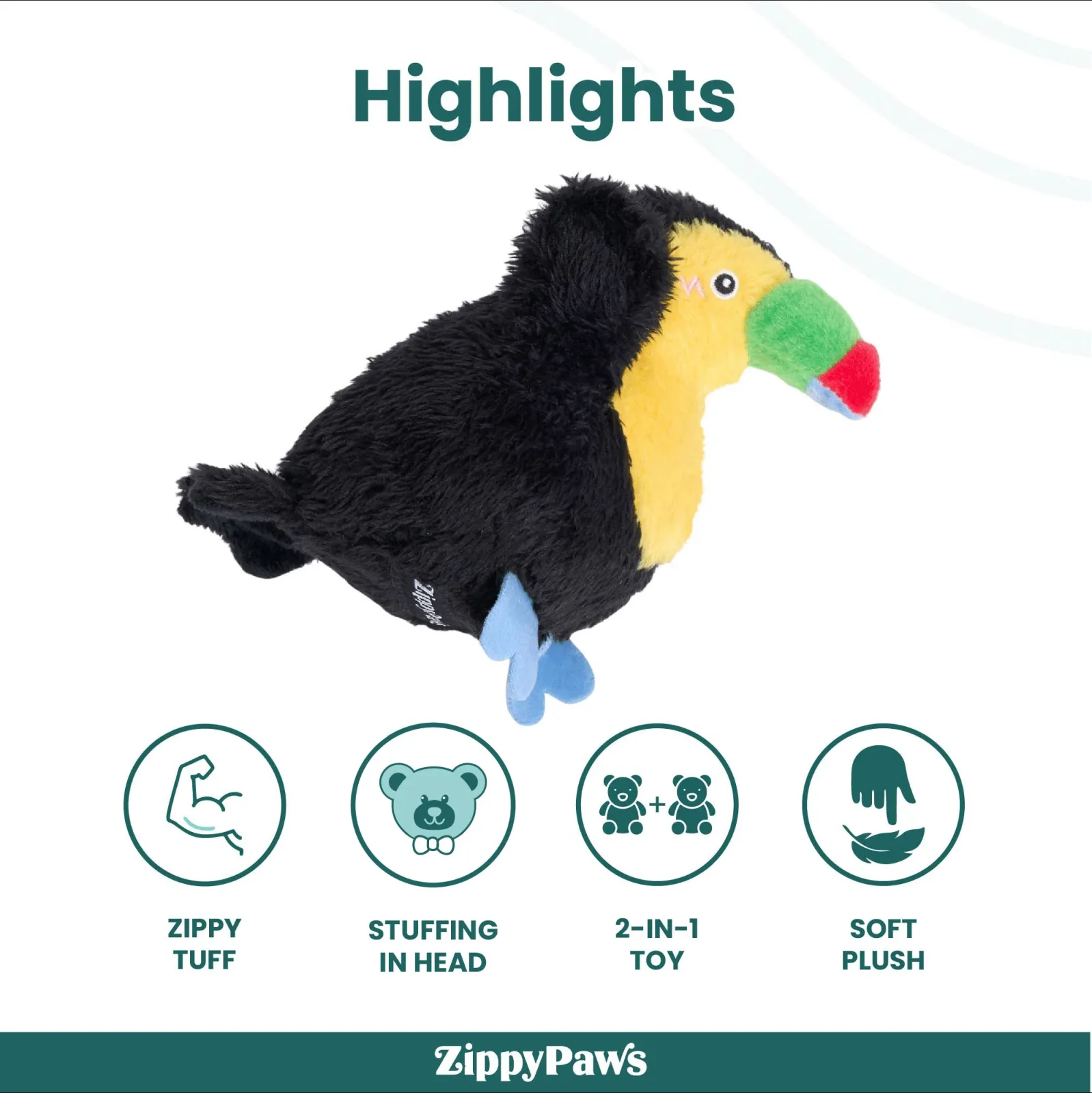 Zippy Paws ZippyTuff 2 in 1 Birdiez Toucan Plush Toy for Dogs - Image 2