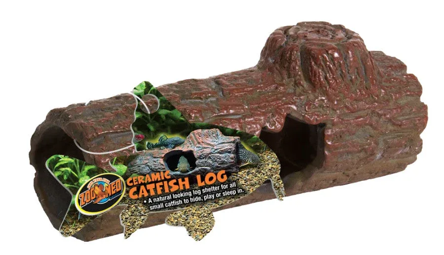 Zoo Med Ceramic Catfish Log Aquarium Ornament, Brown, 6.45 in, Medium