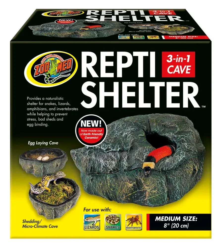 Zoo Med Repti Shelter 3-in-1 Cave Terrarium Hideaway, Black, 8 in, Medium