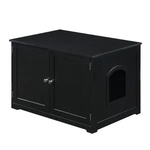 Zoovilla Furniture Style Cat Litterbox Enclosure, Two-Door Cabinet For Concealing In Style, Black